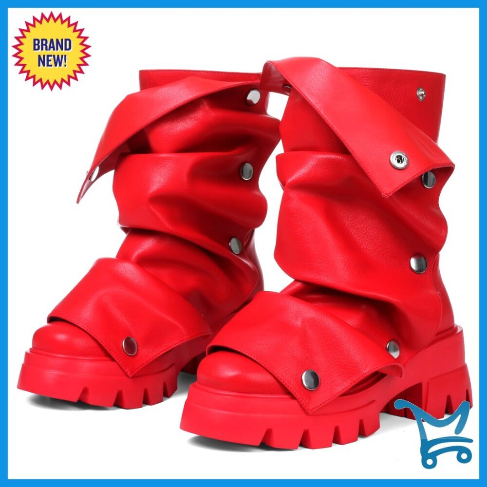 Platform Combat Boots Fold Over Slouchy Mid Calf Pull On Leather Punk
